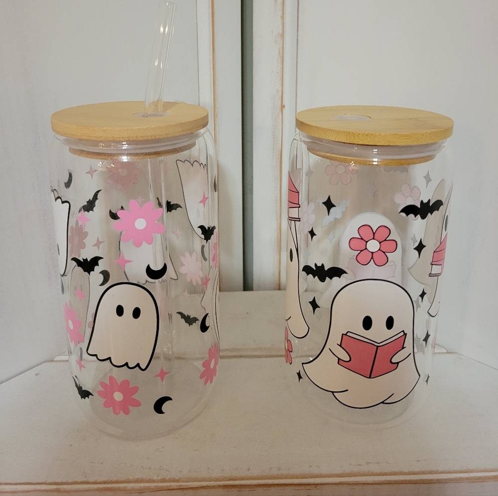 Set Of 2 Halloween Ghost Glass Tumblers